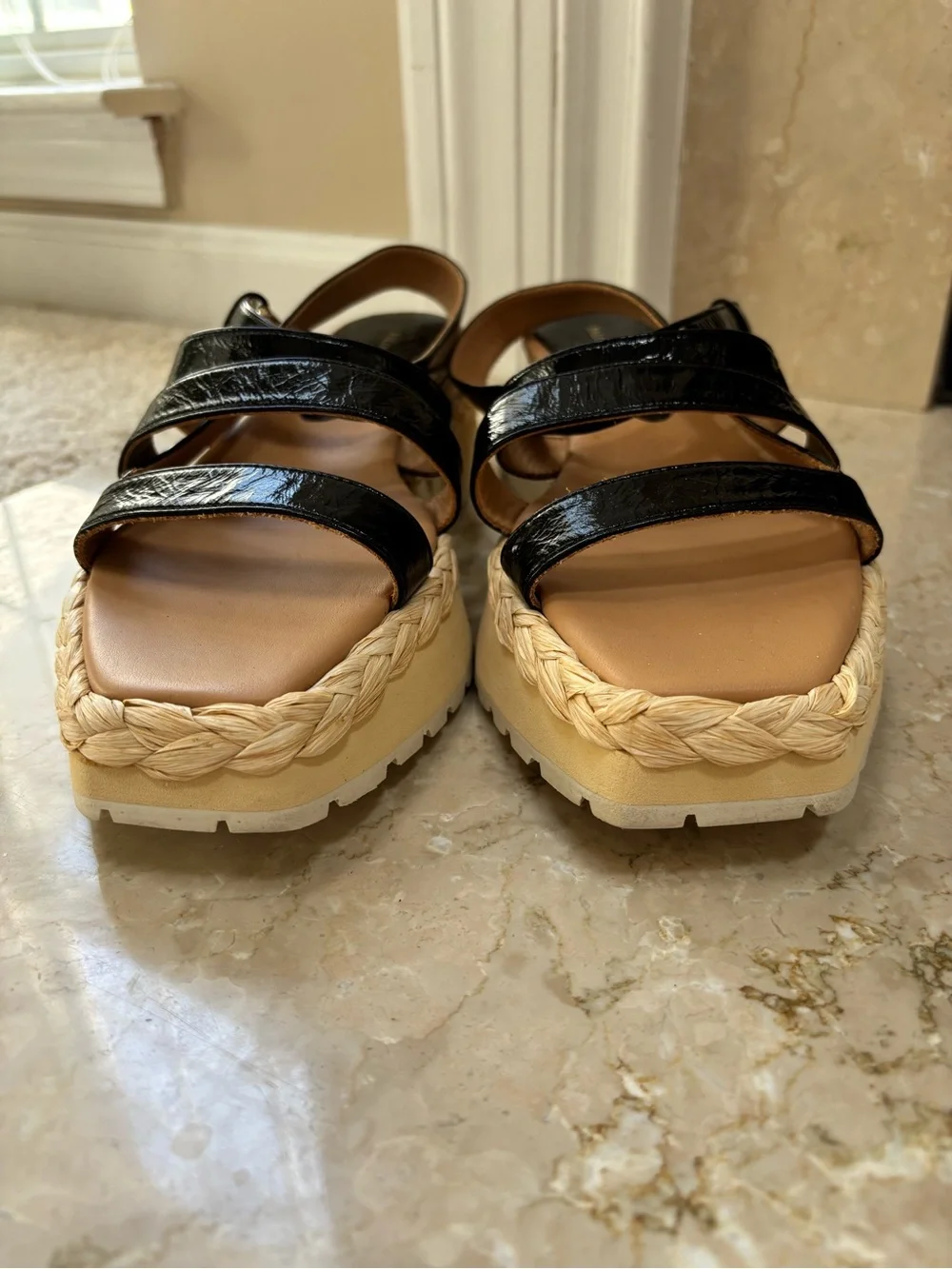 Paloma Barcelo Black Leather Square Toe Platform Raffia Sandals, Size 39/US 8.5